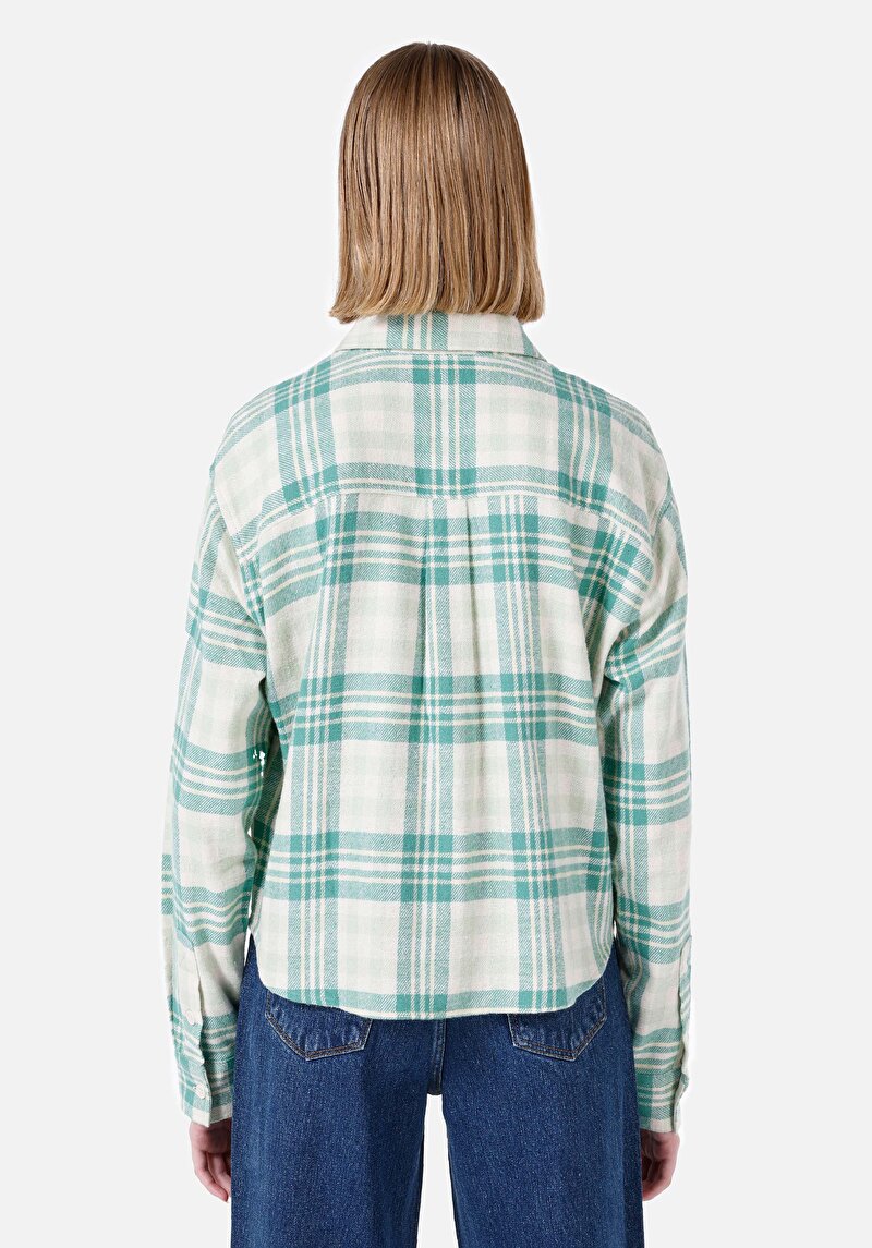 Regular Fit Pamuklu Shirt Neck Kadın Yeşil Uzun Kol Gömlek