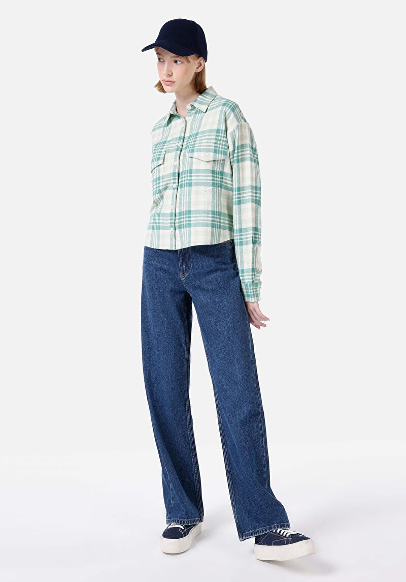 Regular Fit Pamuklu Shirt Neck Kadın Yeşil Uzun Kol Gömlek