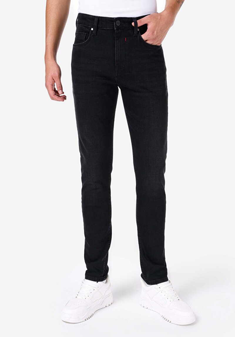Skinny Fit Yüksek Bel Cepli Dar Paça Erkek Siyah Jean Pantolon
