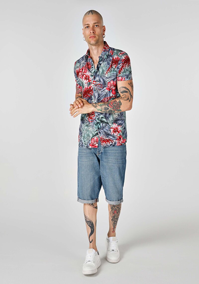 Regular Fit Shirt Neck Baskılı Erkek Çok Renkli Cepsiz Kısa Kol Gömlek