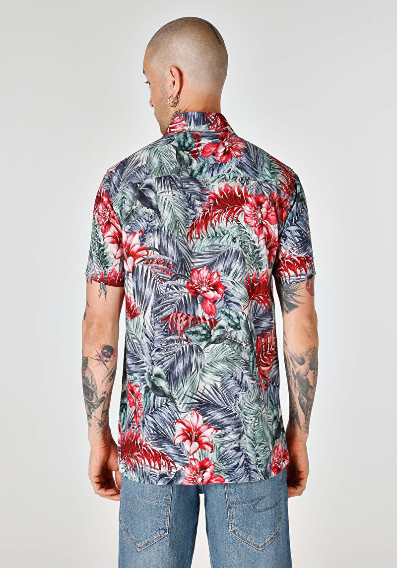 Regular Fit Shirt Neck Baskılı Erkek Çok Renkli Cepsiz Kısa Kol Gömlek