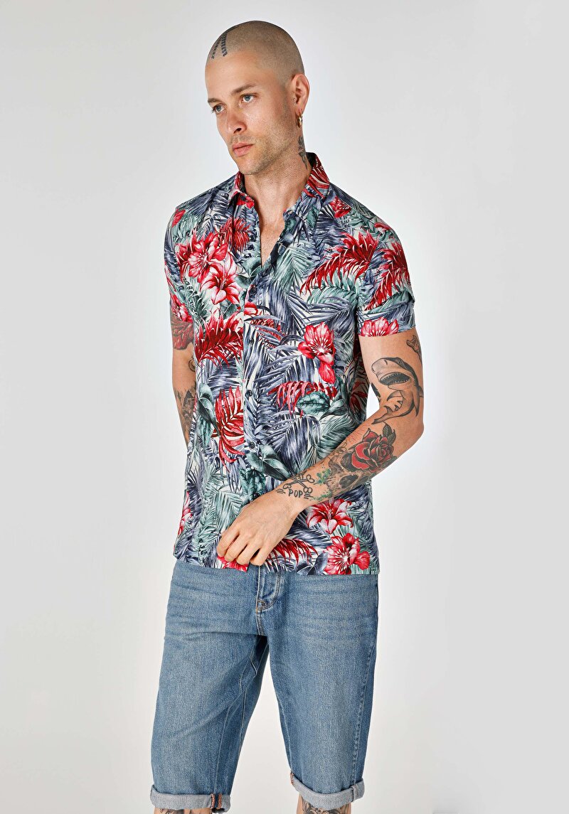 Regular Fit Shirt Neck Baskılı Erkek Çok Renkli Cepsiz Kısa Kol Gömlek