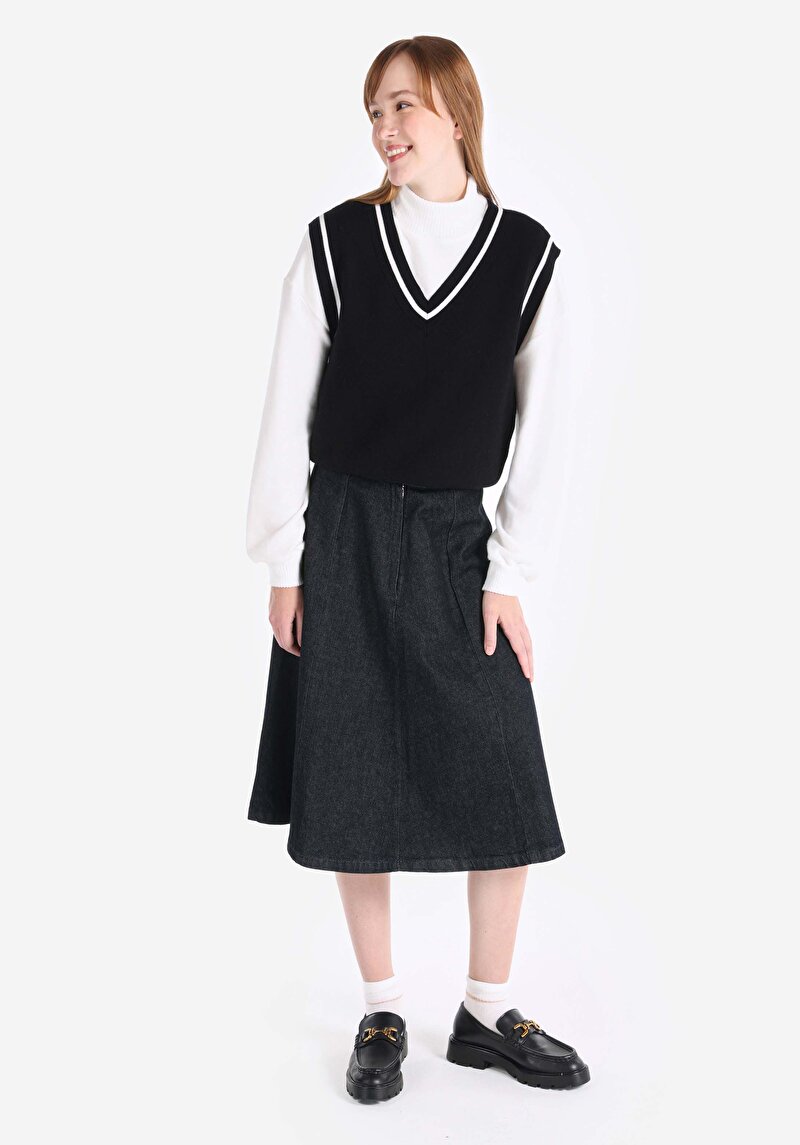 Regular Fit Düz Fermuarlı Kadın Denim Etek