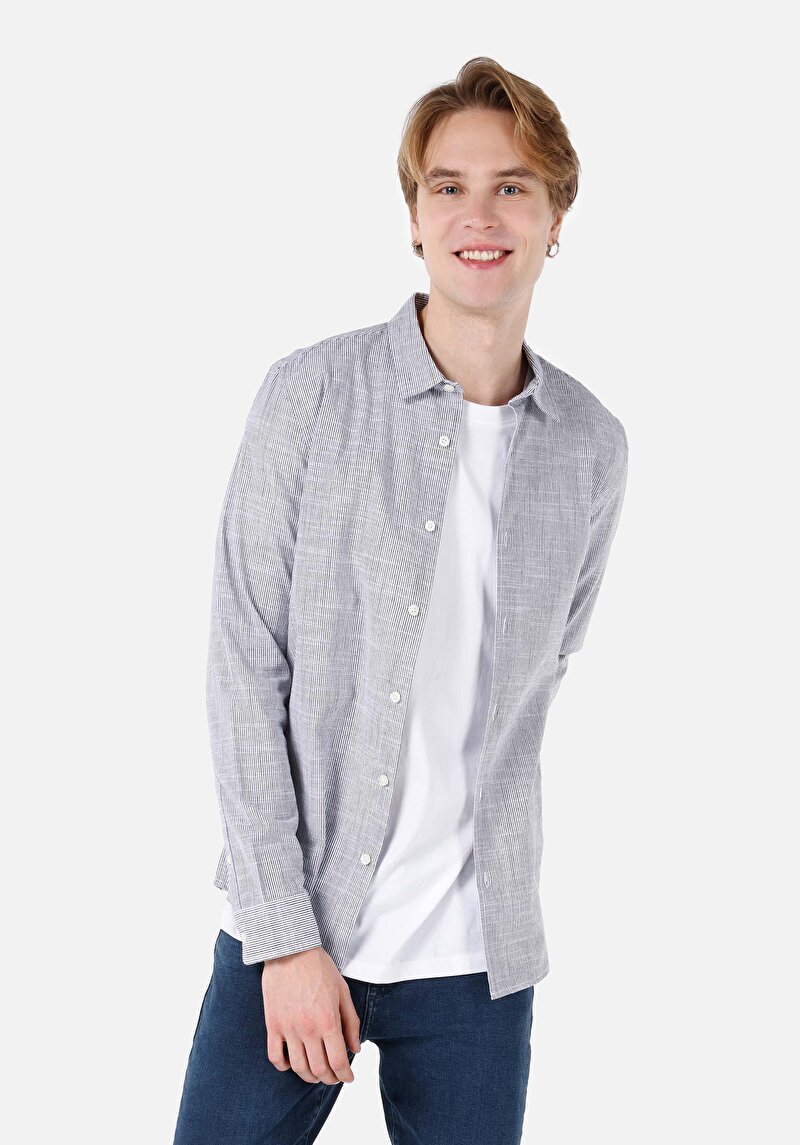 Slim Fit Shirt Neck Düz Erkek Lacivert Uzun Kol Gömlek