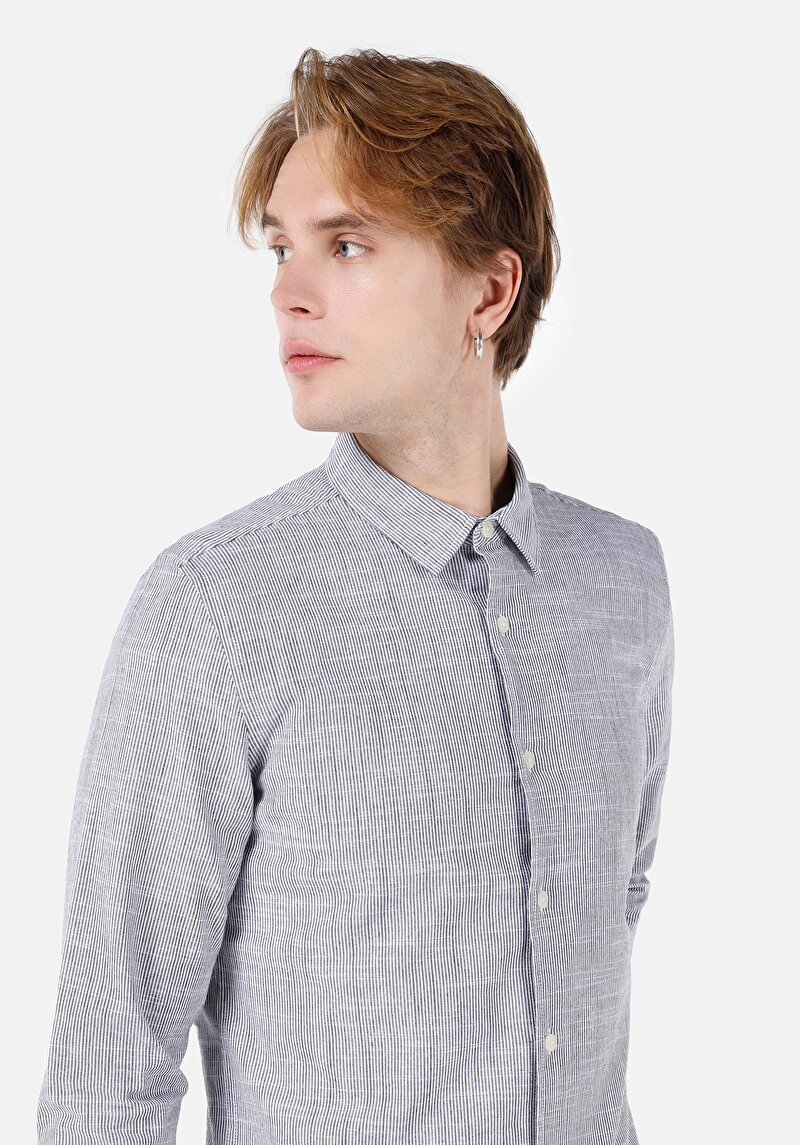 Slim Fit Shirt Neck Düz Erkek Lacivert Uzun Kol Gömlek