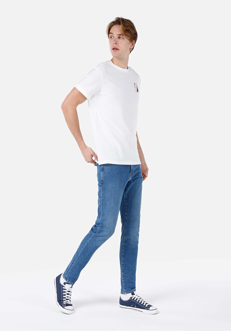Slim Fit Düşük Bel Dar Paça Fermuarlı Erkek Mid İndigo Denim Jean Pantolon