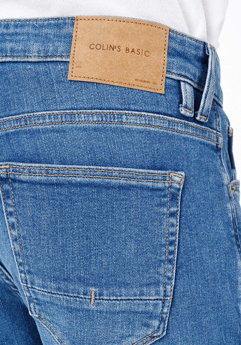 Slim Fit Düşük Bel Dar Paça Fermuarlı Erkek Mid İndigo Denim Jean Pantolon
