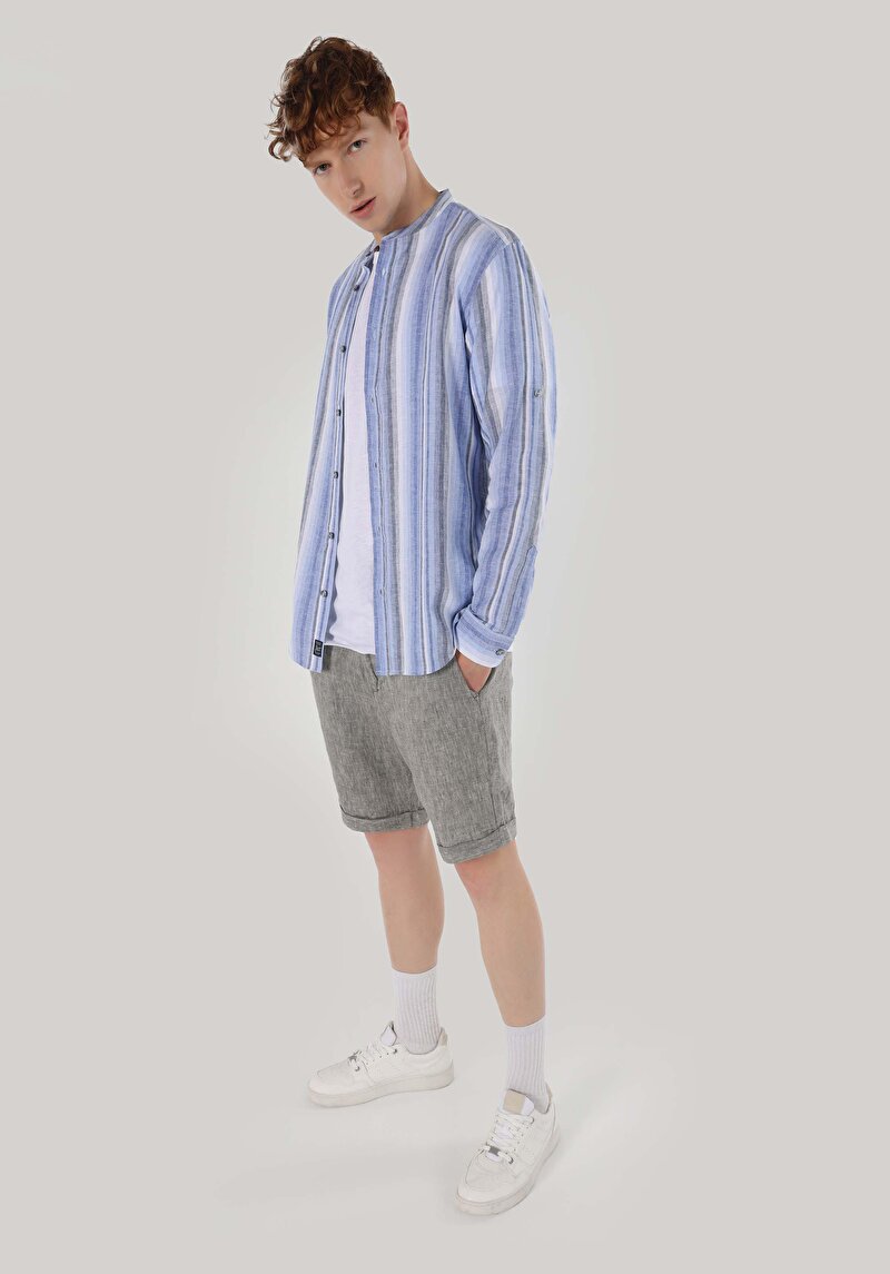 Regular Fit Hakim Yaka Çizgili Erkek Lacivert Uzun Kol Gömlek