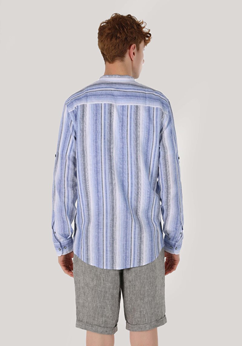 Regular Fit Hakim Yaka Çizgili Erkek Lacivert Uzun Kol Gömlek