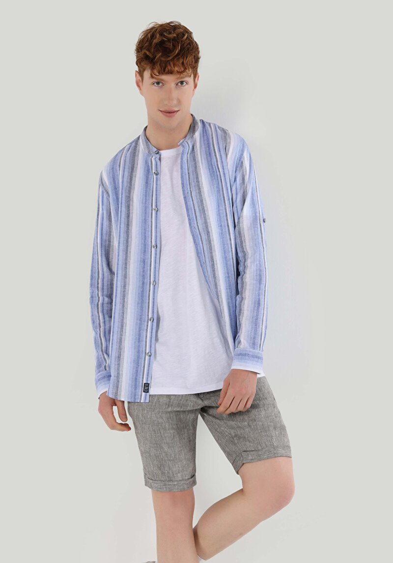 Regular Fit Hakim Yaka Çizgili Erkek Lacivert Uzun Kol Gömlek