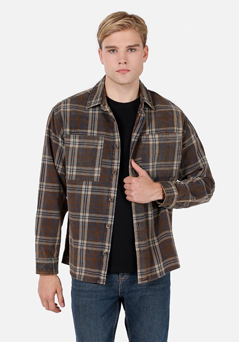 Comfort Fit Shirt Neck Ekoseli Erkek Kahverengi Uzun Kol Gömlek