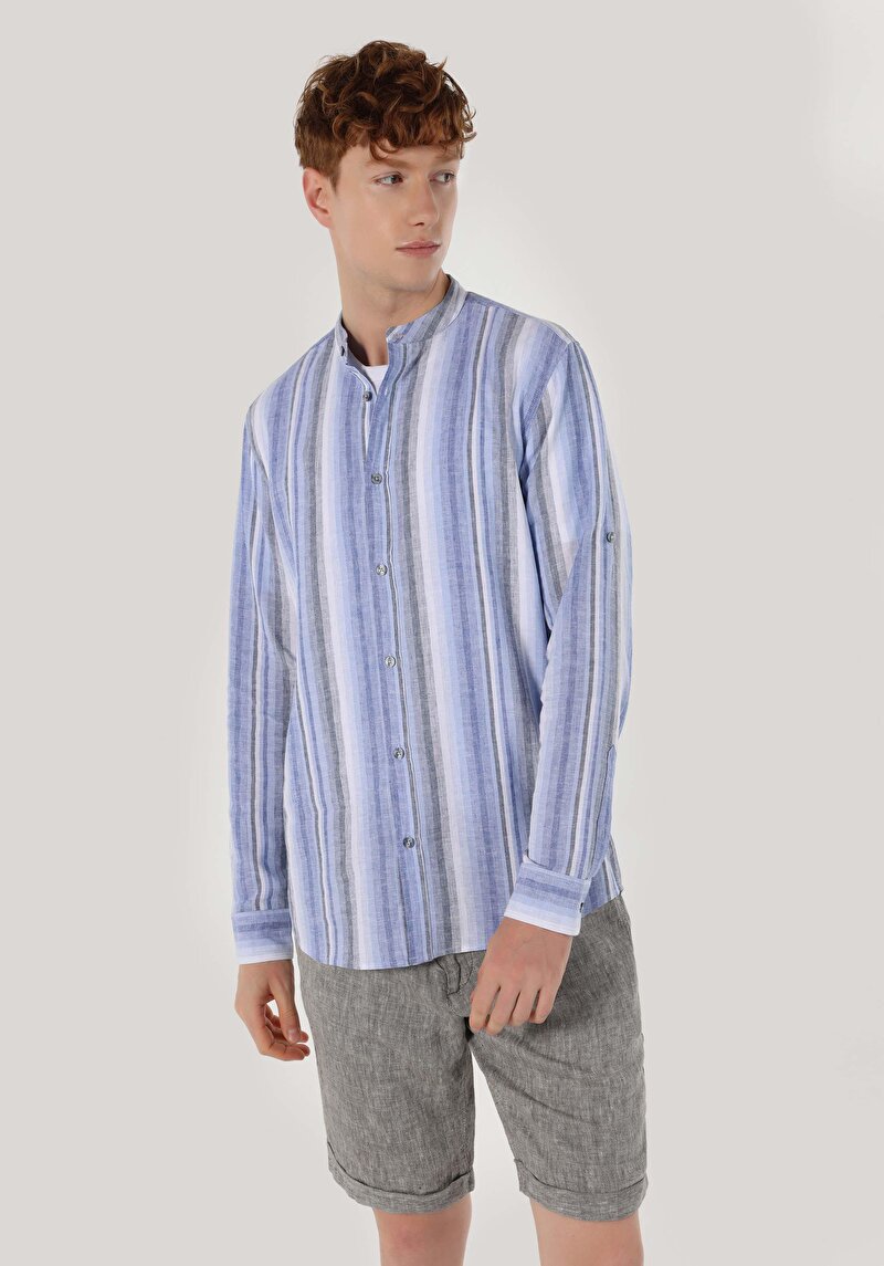 Regular Fit Hakim Yaka Çizgili Erkek Lacivert Uzun Kol Gömlek