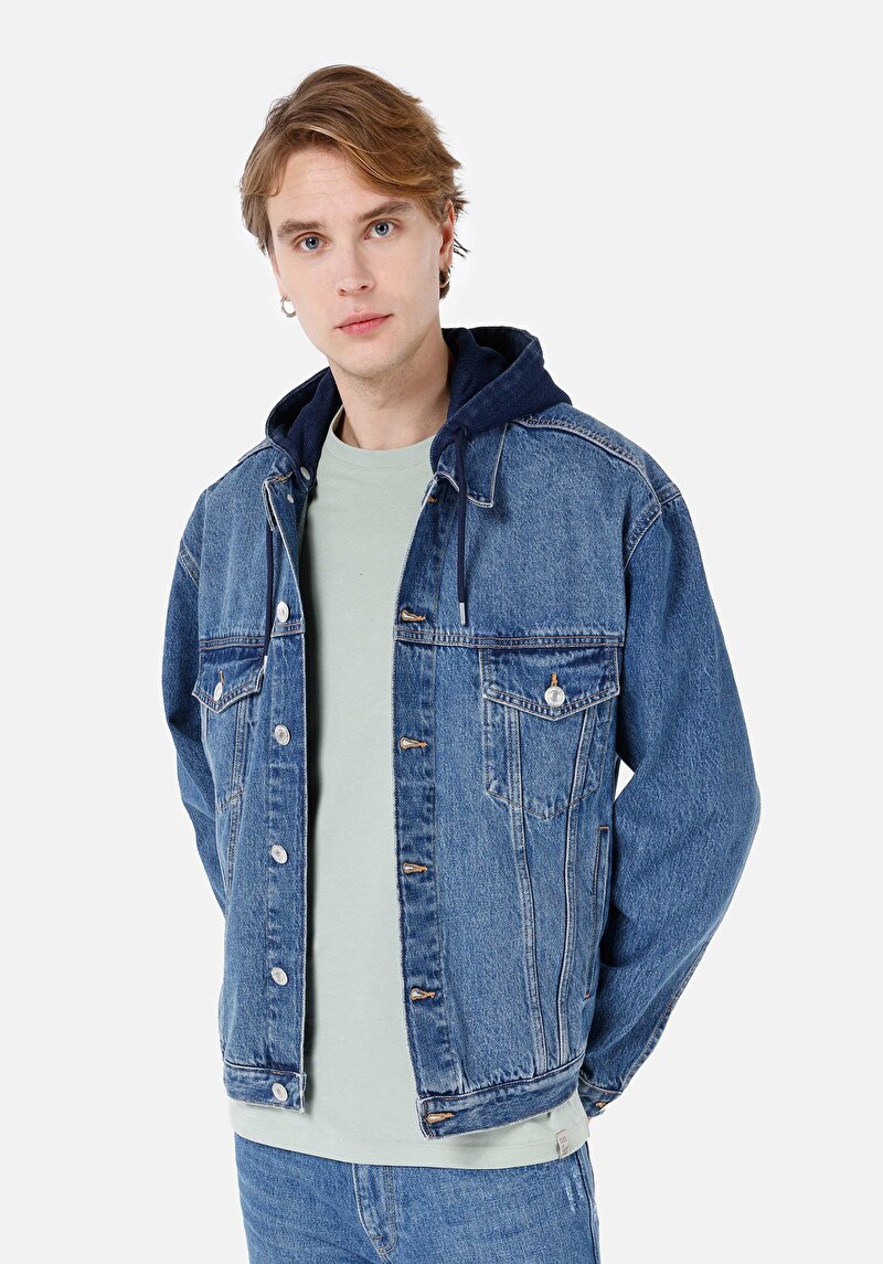Oversize Fit Düğmeli Astarsız Erkek Mavi Jean Ceket