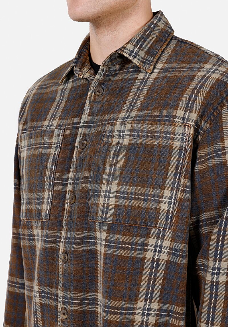 Comfort Fit Shirt Neck Ekoseli Erkek Kahverengi Uzun Kol Gömlek