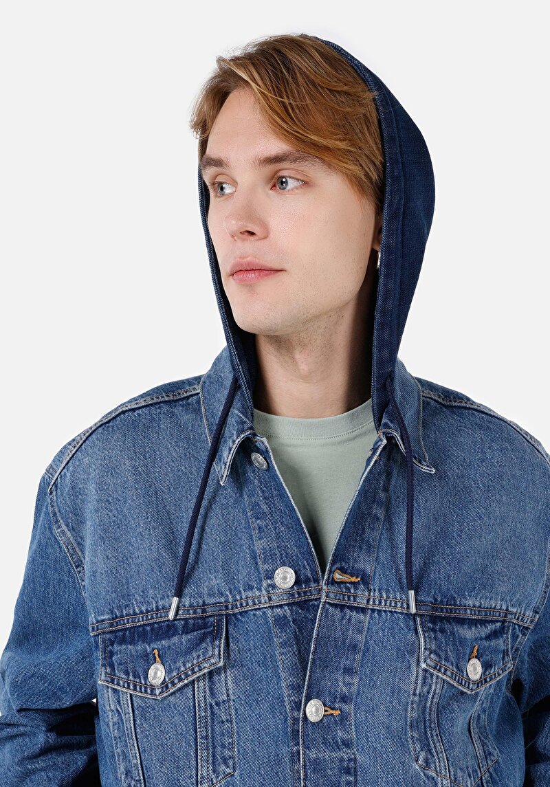 Oversize Fit Düğmeli Astarsız Erkek Mavi Jean Ceket