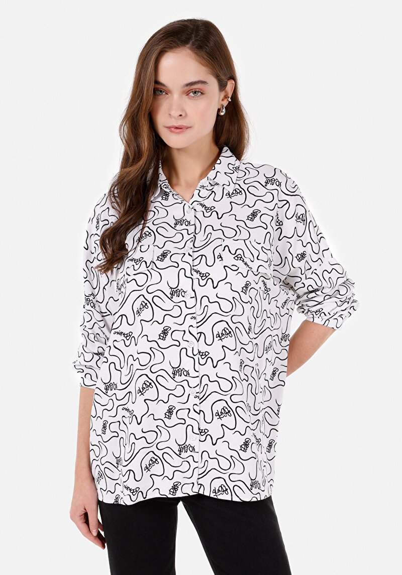 Relaxed Fit Shirt Neck Kadın Beyaz Uzun Kol Gömlek