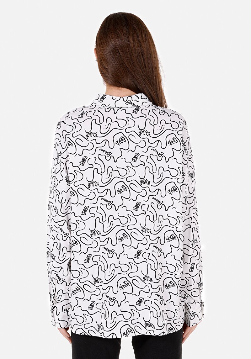 Relaxed Fit Shirt Neck  Kadın Beyaz Uzun Kol Gömlek