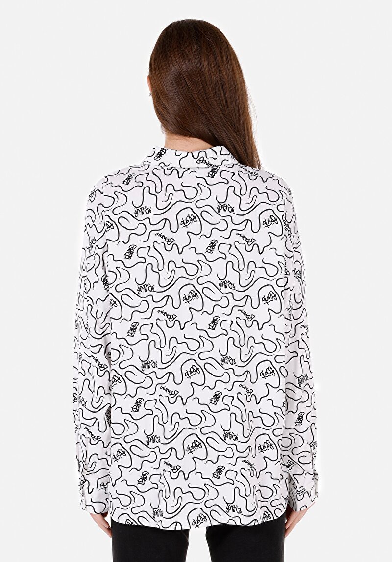 Relaxed Fit Shirt Neck Kadın Beyaz Uzun Kol Gömlek