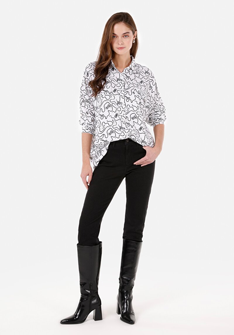 Relaxed Fit Shirt Neck Kadın Beyaz Uzun Kol Gömlek