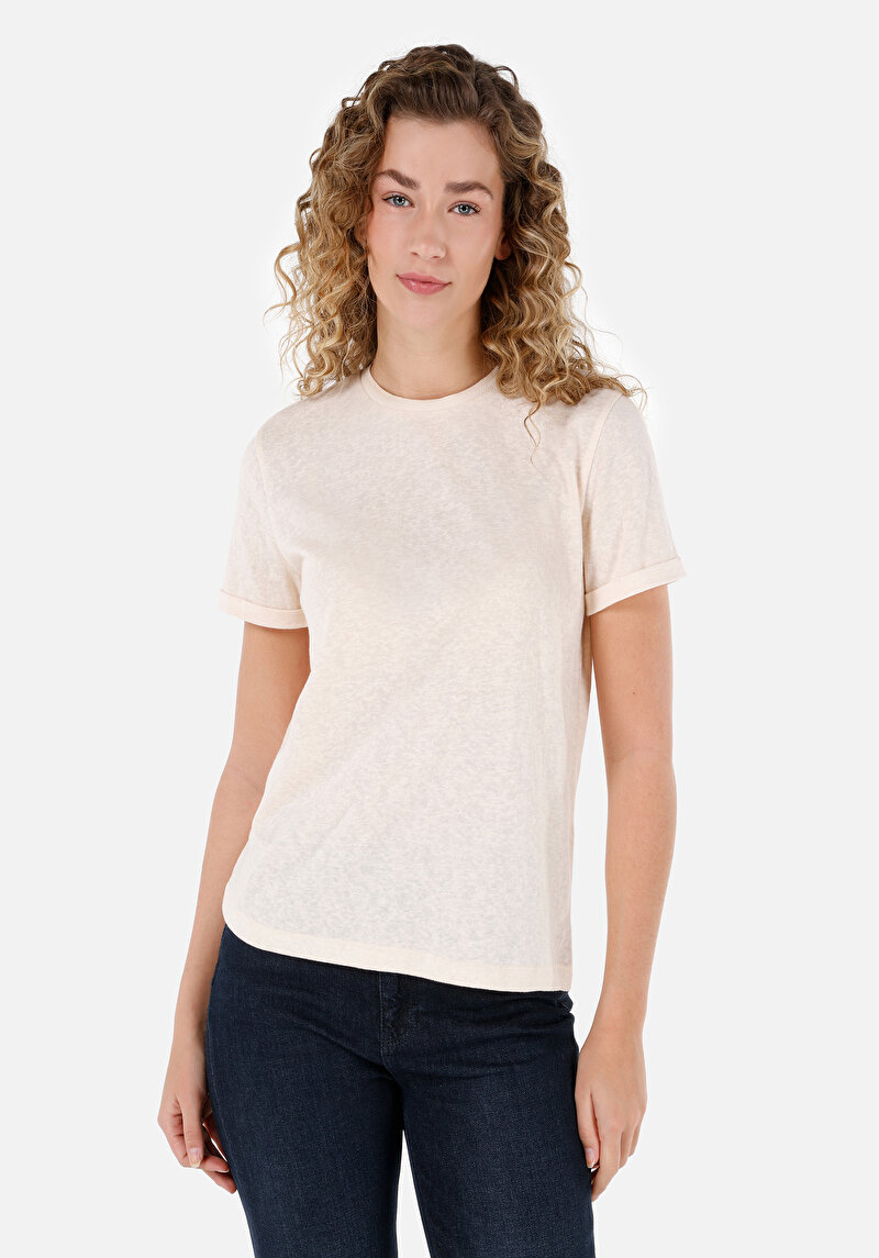 Regular Fit Yuvarlak Yaka Düz Kadın Ekru Kısa Kol Tişört
