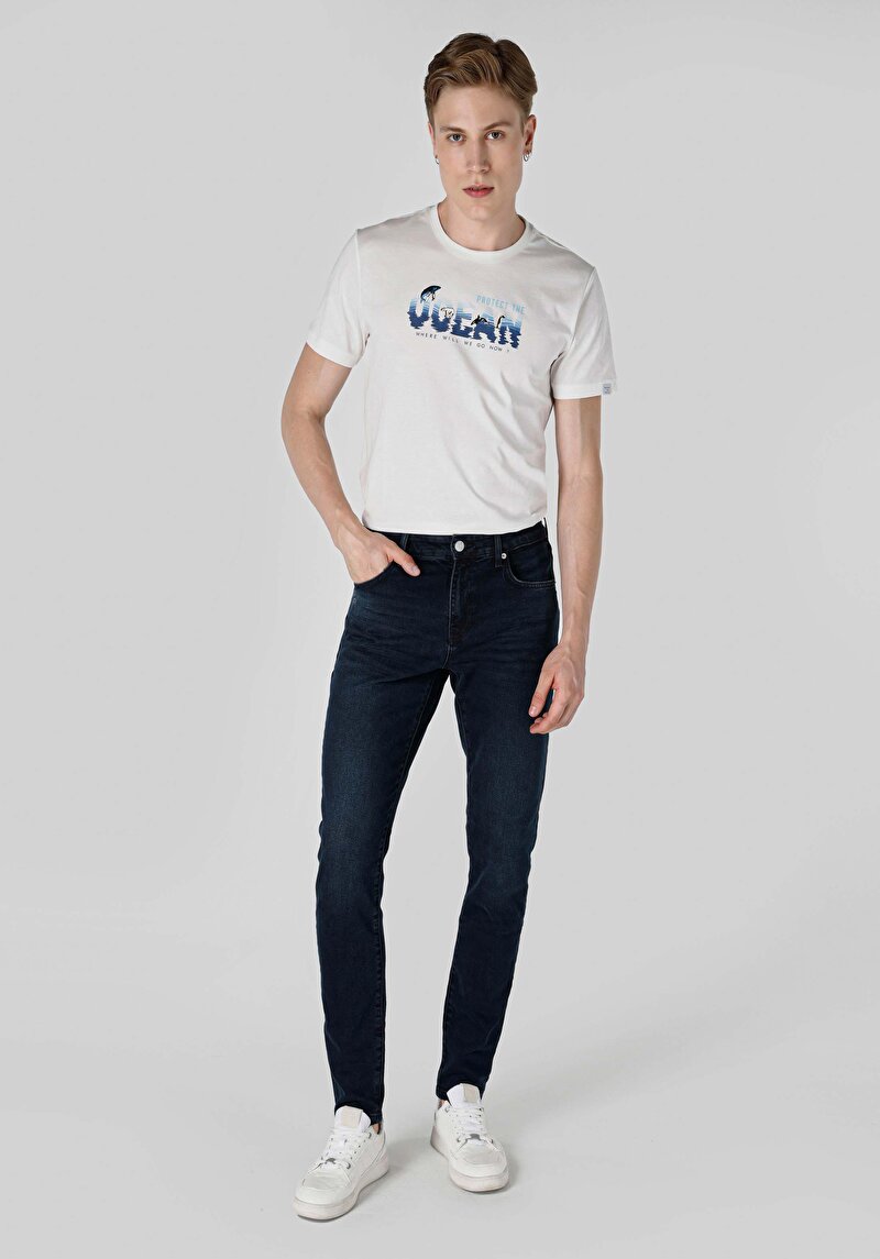 Slim Fit Düşük Bel Dar Paça Pamuklu Erkek Blue Black Denim Jean Pantolon