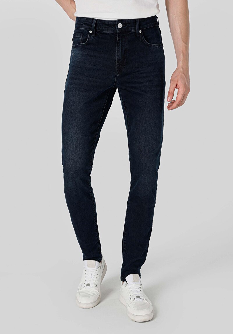 Slim Fit Düşük Bel Dar Paça Pamuklu Erkek Blue Black Denim Jean Pantolon