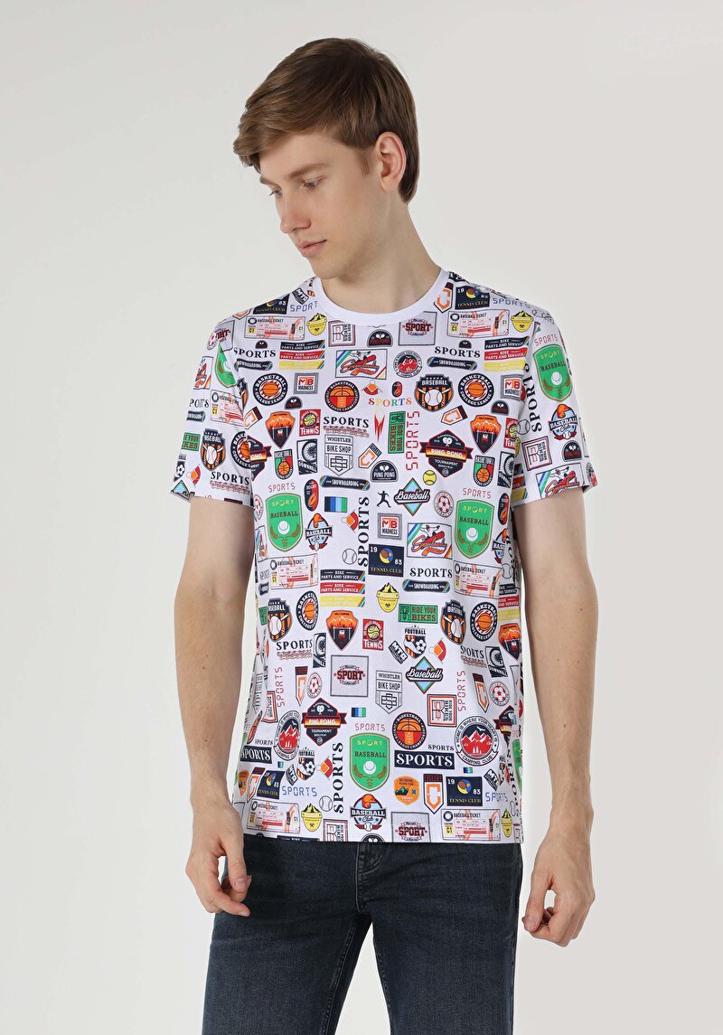 Regular Fit Yuvarlak Yaka Baskılı Erkek Beyaz Kısa Kol Tişört