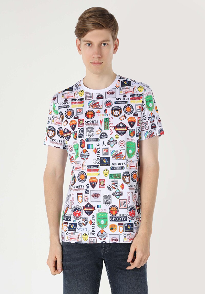 Regular Fit Yuvarlak Yaka Baskılı Erkek Beyaz Kısa Kol Tişört