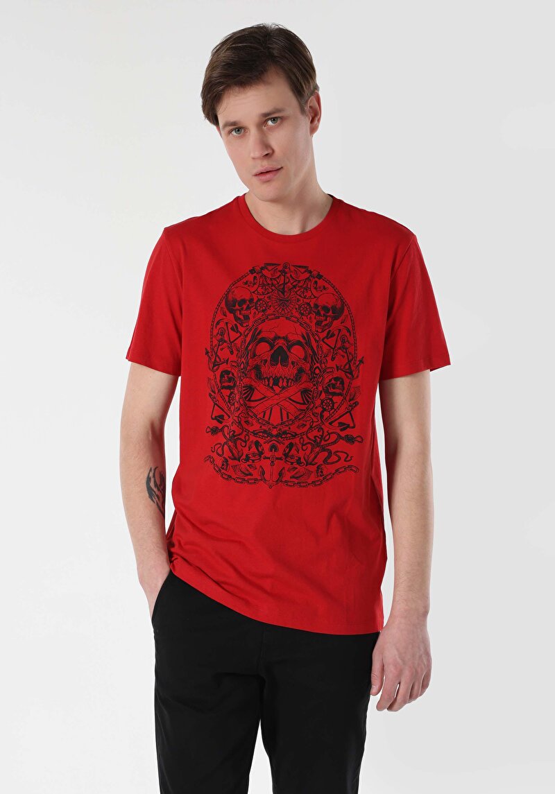 Regular Fit Yuvarlak Yaka Baskılı Cepsiz Erkek Kırmızı Kısa Kol Tişört