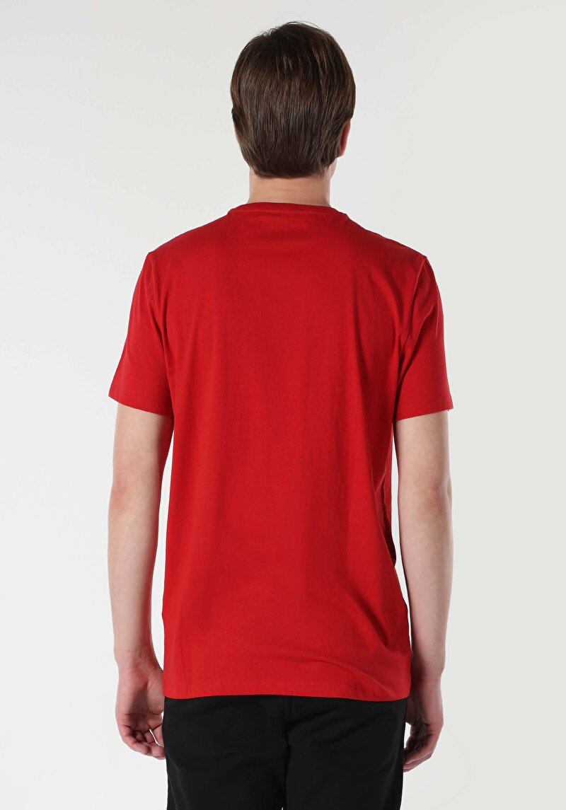 Regular Fit Yuvarlak Yaka Baskılı Cepsiz Erkek Kırmızı Kısa Kol Tişört