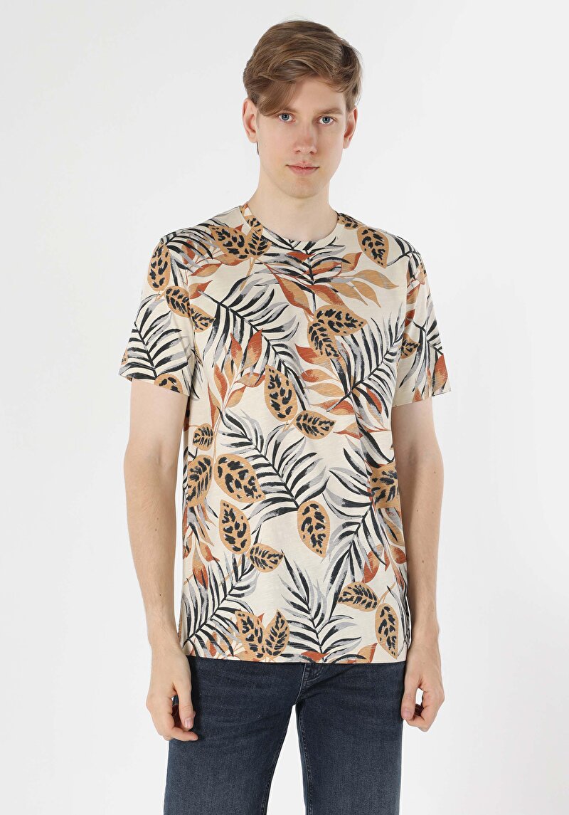 Regular Fit Yuvarlak Yaka Baskılı Erkek Ekru Kısa Kol Tişört