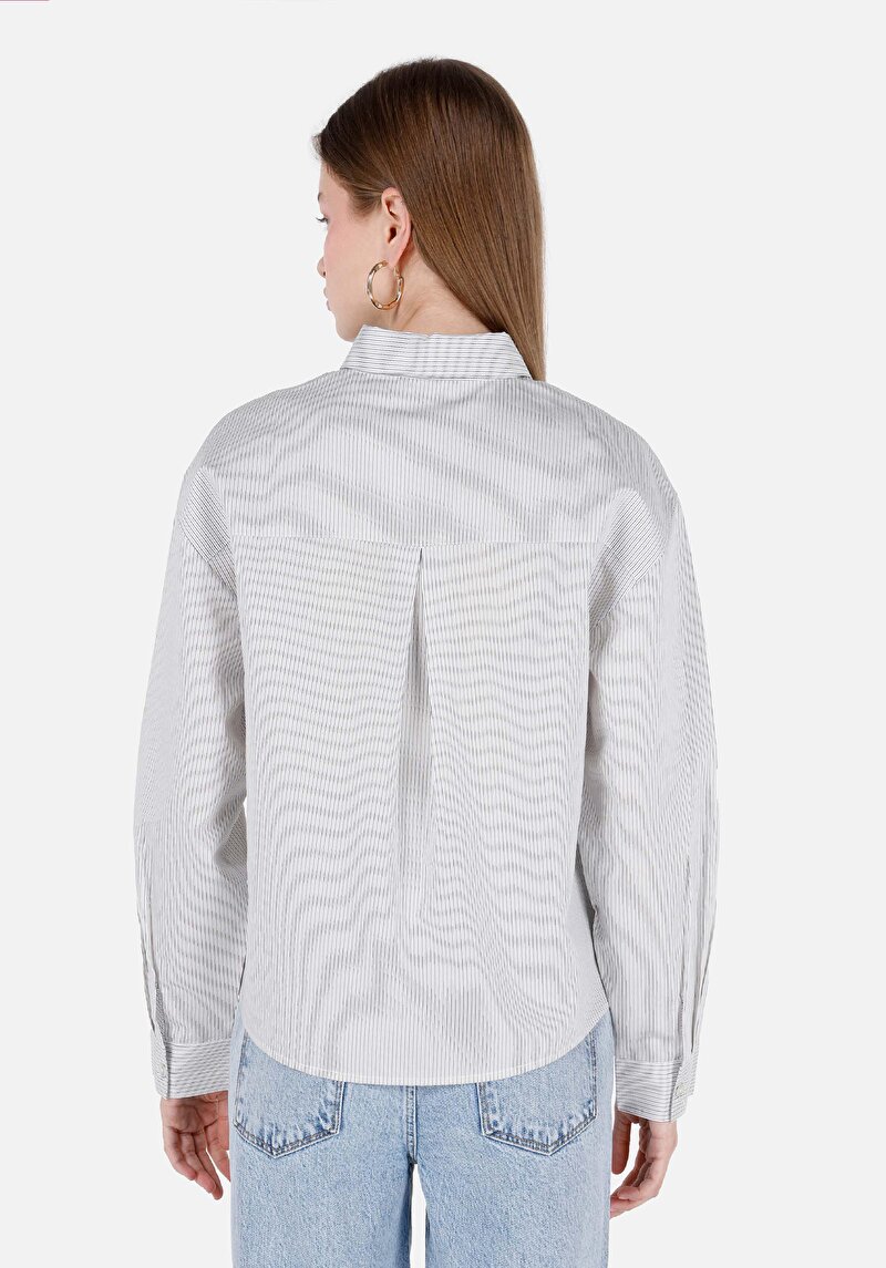Regular Fit Çizgili Shirt Neck Düz Kadın Beyaz Uzun Kol Gömlek