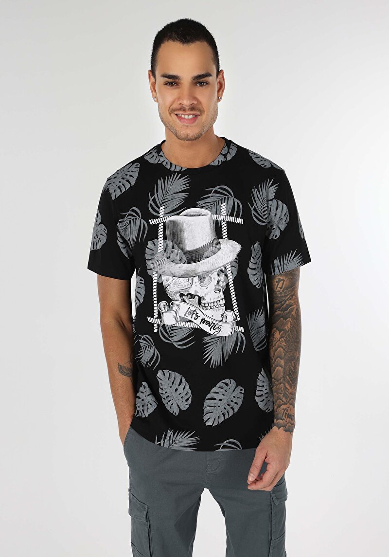 Regular Fit Yuvarlak Yaka Baskılı Erkek Siyah Kısa Kol Tişört