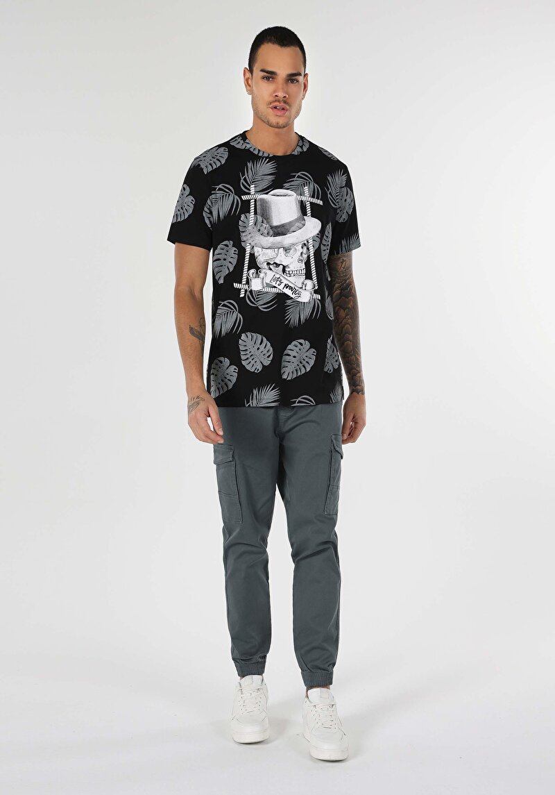 Regular Fit Yuvarlak Yaka Baskılı Erkek Siyah Kısa Kol Tişört