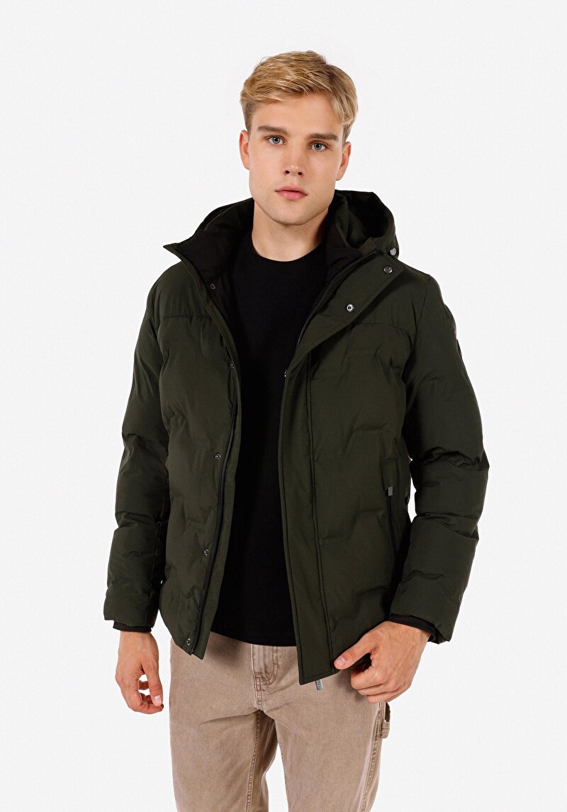 Regular Fit Kapüşonlu Erkek Yeşil Mont