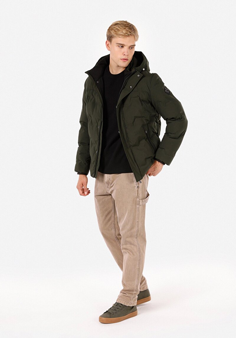 Regular Fit Kapüşonlu Erkek Yeşil Mont
