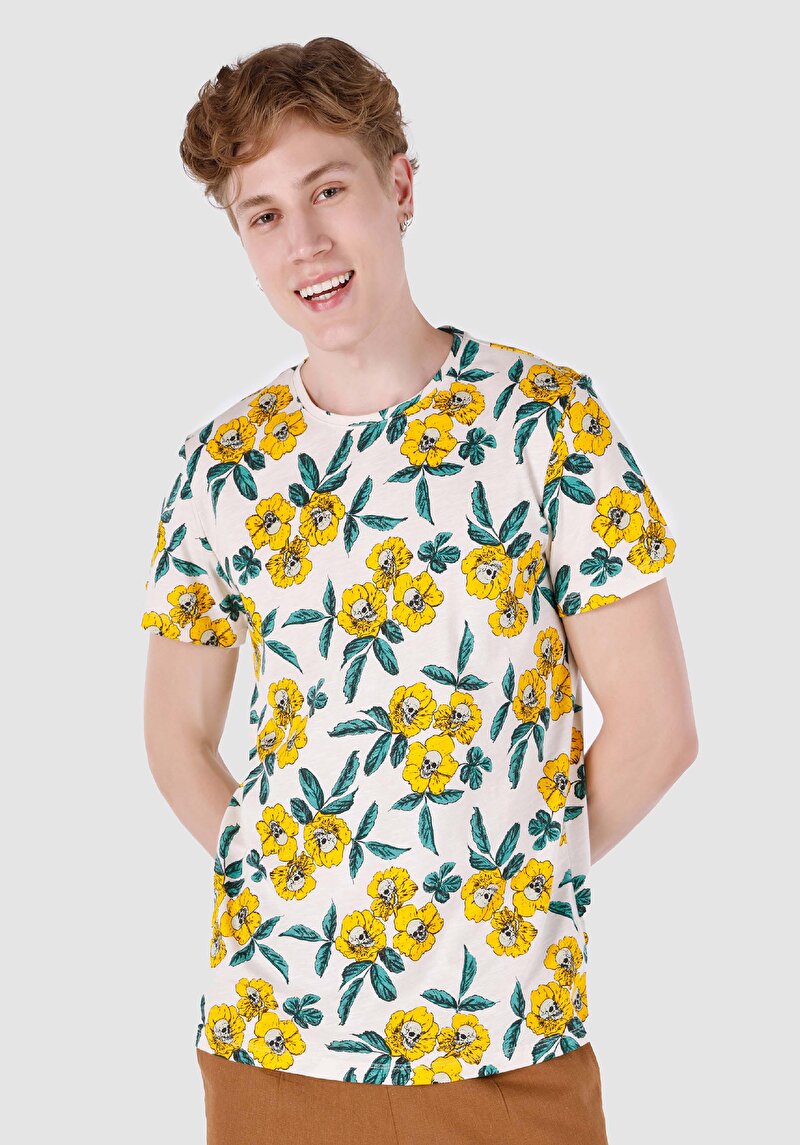 Regular Fit Yuvarlak Yaka Baskılı Erkek Beyaz Kısa Kol Tişört