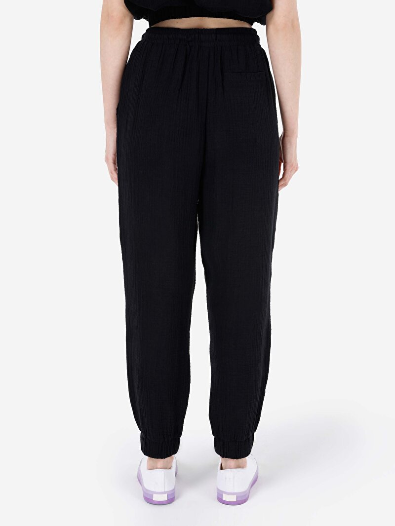 Regular Fit Yüksel Bel Düz Paça Bağcık Detaylı Kadın Siyah Pantolon