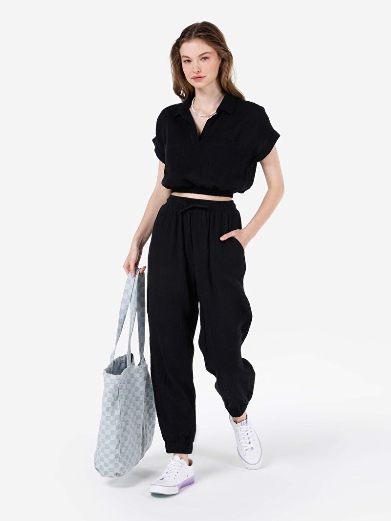 Regular Fit Yüksel Bel Düz Paça Bağcık Detaylı Kadın Siyah Pantolon