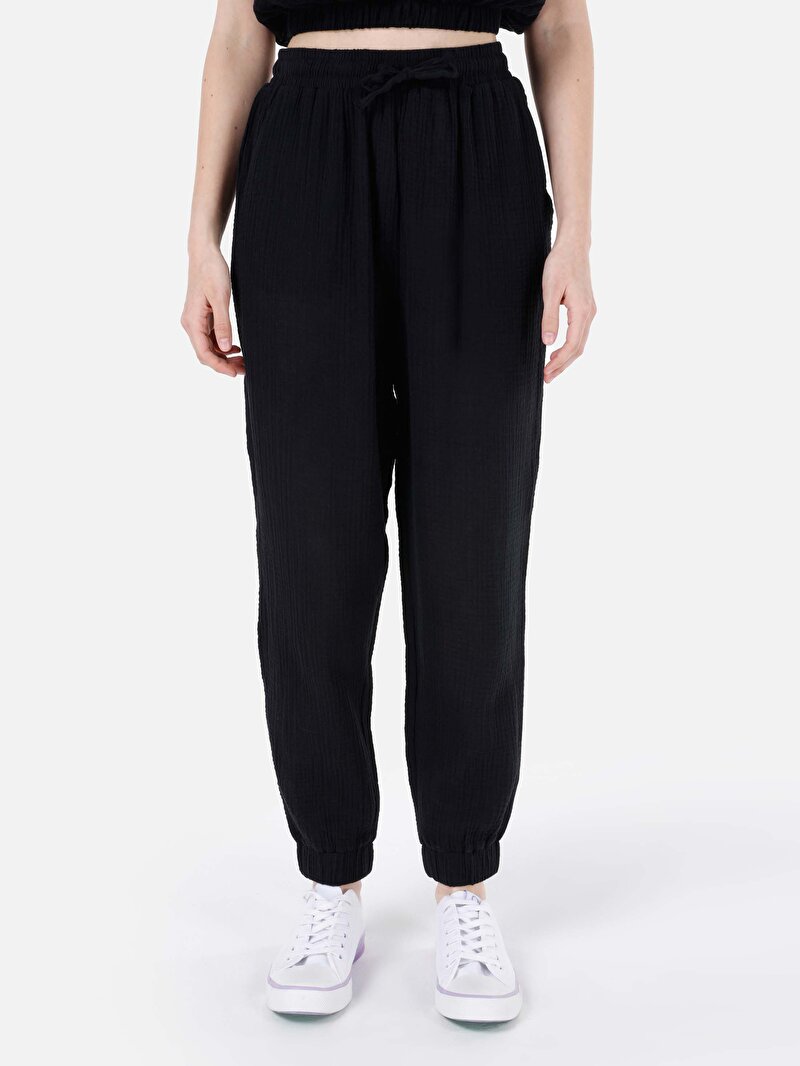 Regular Fit Yüksel Bel Düz Paça Bağcık Detaylı Kadın Siyah Pantolon