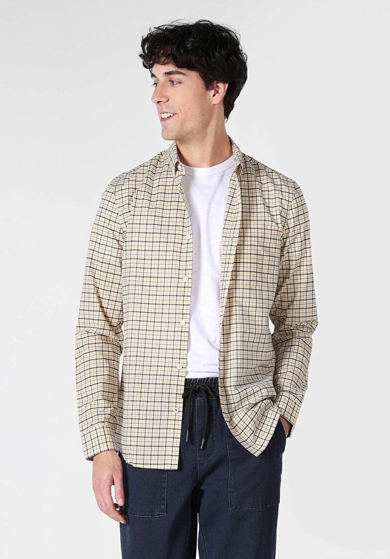 Slim Fit Shirt Neck Ekoseli Erkek Sari Uzun Kol Gömlek