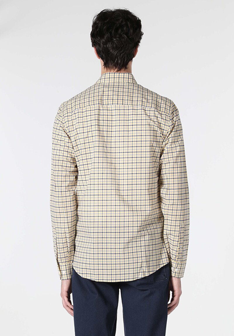Slim Fit Shirt Neck Ekoseli Erkek Sari Uzun Kol Gömlek