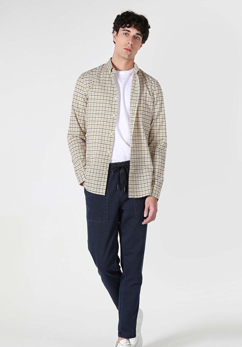 Slim Fit Shirt Neck Ekoseli Erkek Sari Uzun Kol Gömlek