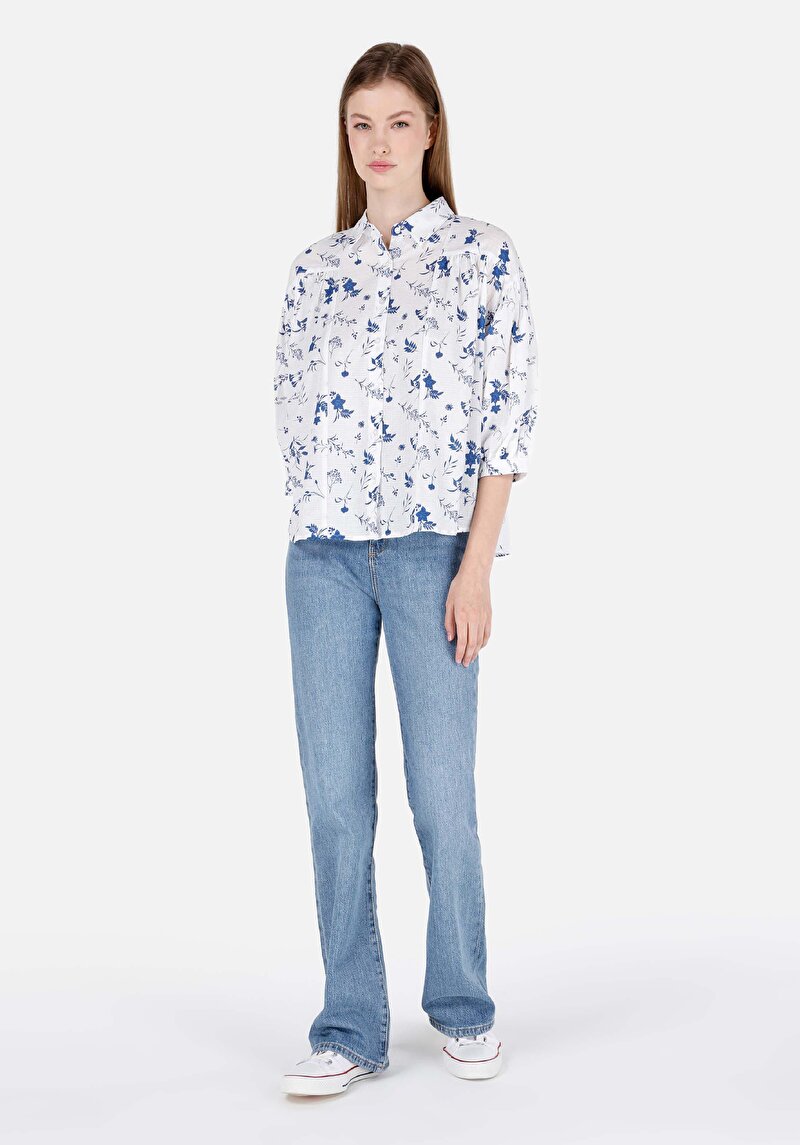 Regular Fit Shirt Neck Çiçekli Kadın Beyaz ¾ Kol Gömlek
