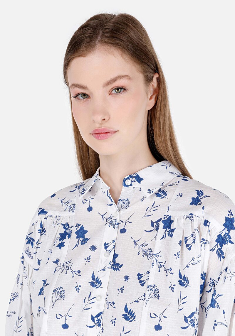 Regular Fit Shirt Neck Çiçekli Kadın Beyaz ¾ Kol Gömlek