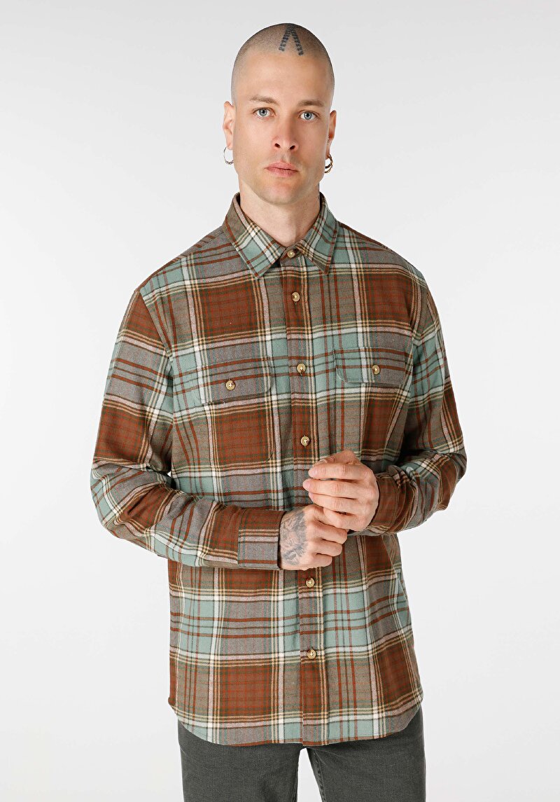 Regular Fit Shirt Neck Ekoseli Erkek Yeşil Uzun Kol Gömlek