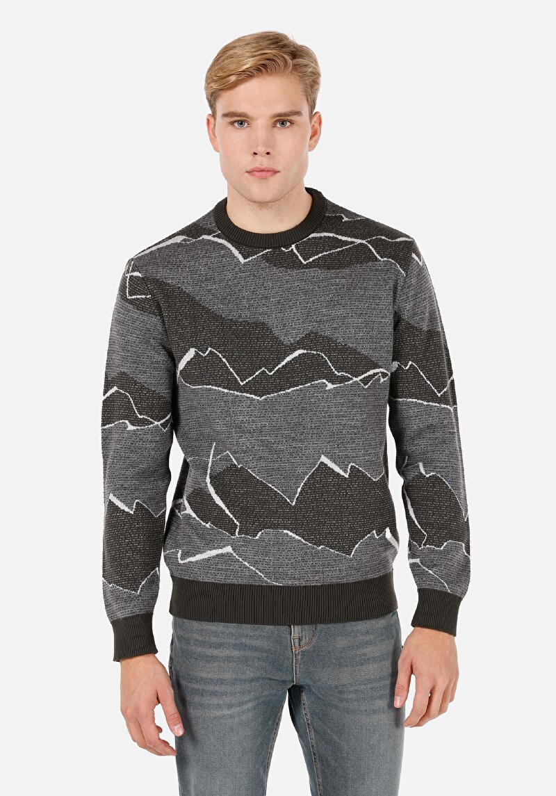 Regular Fit Yuvarlak Yaka Jakarlı Erkek Yeşil Kazak