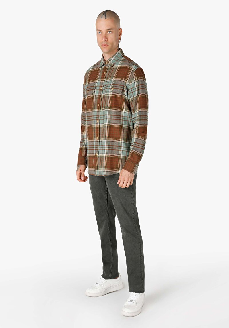 Regular Fit Shirt Neck Ekoseli Erkek Yeşil Uzun Kol Gömlek