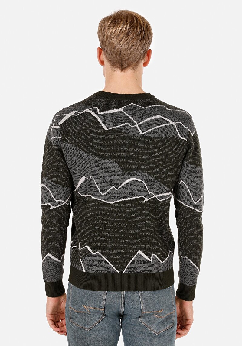 Regular Fit Yuvarlak Yaka Jakarlı Erkek Yeşil Kazak