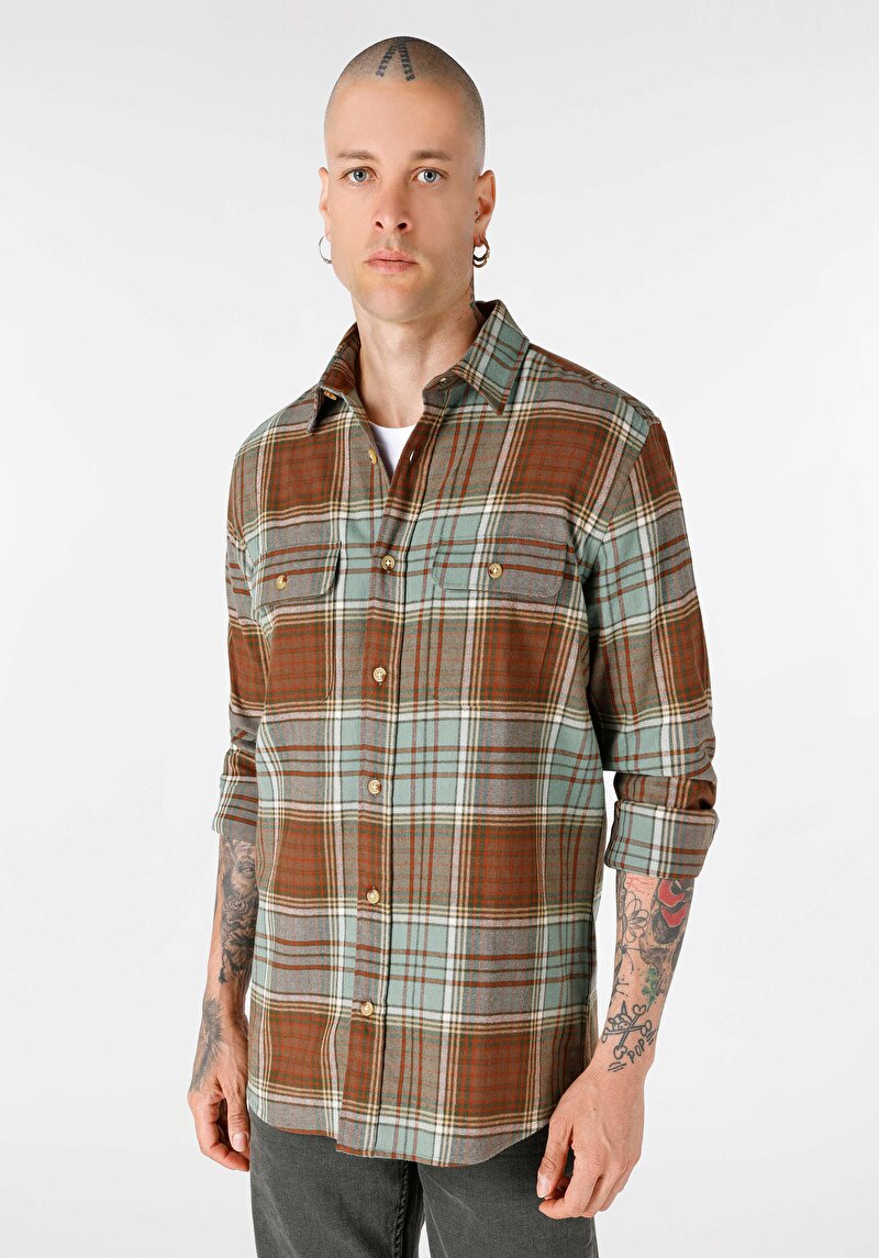 Regular Fit Shirt Neck Ekoseli Erkek Yeşil Uzun Kol Gömlek